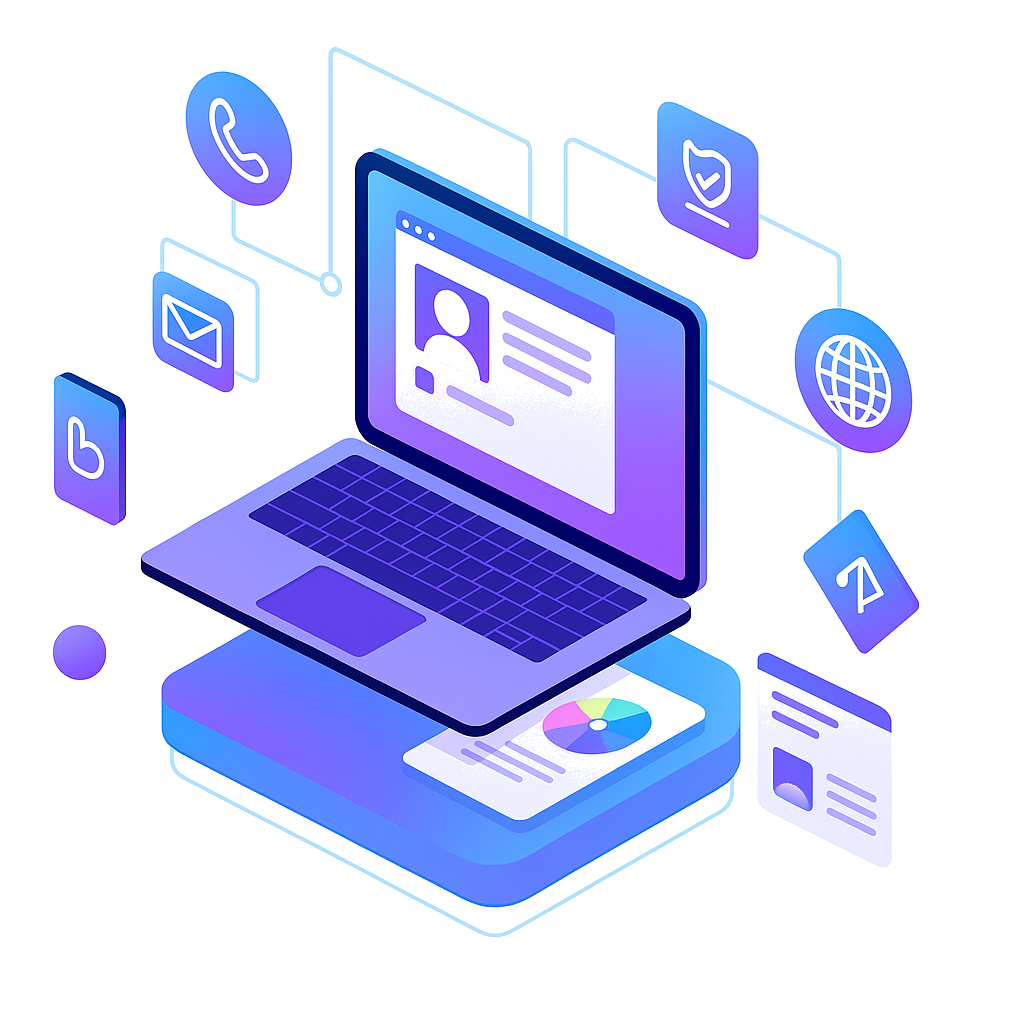 A stylized 3D illustration showing a laptop with a user profile displayed on the screen. Around the laptop float various digital icons—such as a phone, email envelope, shield, globe, and upload arrow—connected by thin lines, representing communication, security, and online services. A smartphone rests beneath the laptop displaying a colorful chart, emphasizing interconnected digital devices and data management. The overall color scheme features gradients of blue, purple, and pink with a modern, tech-themed aesthetic.
